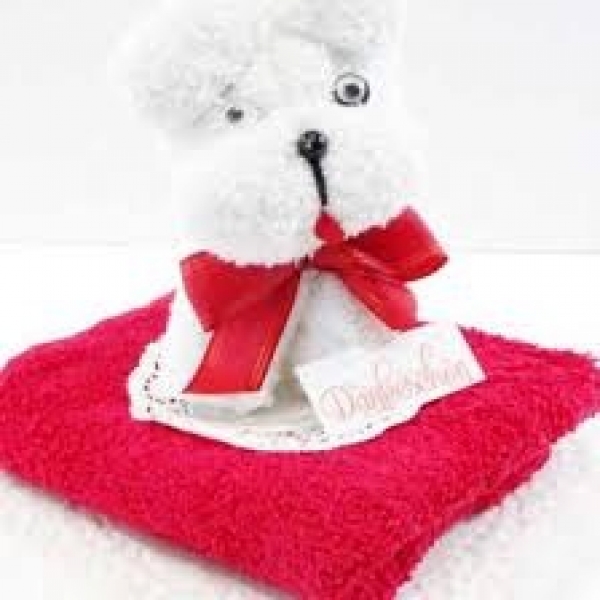 Handtuchfigur mini Hund mit rotem Körbchen