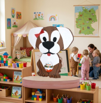 Geschenkschachtel Hund mit Schokoladen Ei Kindergeburtstag