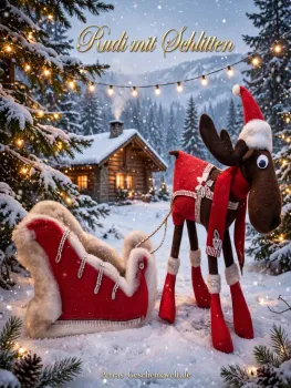 Handgemachtes Rentier Rudi mit Schlitten als Weihnachtsdeko – Elch 40cm im Weihnachtsmann-Look mit rotem Schlitten im Schnee, Collage aus 5 Ansichten, Handarbeit aus Jandelsbrunn