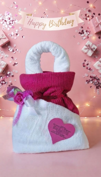 Handgemachte Handtuch-Handtasche in Pink-Weiß mit Spruch