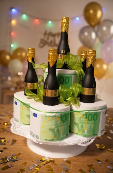 Die humorvolle Toilettenpapier-Torte mit Sektflaschen  & Geld-Deko