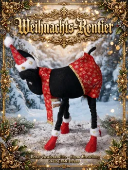 Weihnachts-Elch Schwarze Edition 44x60cm handgemacht - schwarzer Elch mit roter Mütze und Mantel mit goldenen Schneeflocken - Eigene Herstellung Jandelsbrunn