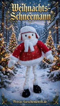 Stehender Schneemann aus weißem Fleecestoff handgemacht mit roter Jacke und schwarzen Stiefeln - Weihnachtsdeko