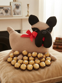Tierfigur Hund Mops Kissen mit Pralinen