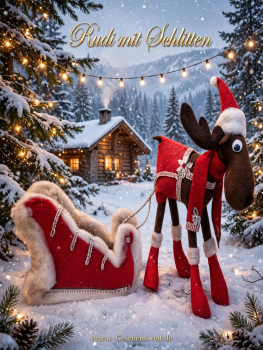 Handgemachtes Rentier Rudi mit Schlitten als Weihnachtsdeko – Elch 40cm im Weihnachtsmann-Look mit rotem Schlitten im Schnee, Collage aus 5 Ansichten, Handarbeit aus Jandelsbrunn