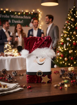 Handgemachte Nikolaus- und Schneemann-Verpackung mit Toffifee, roter Samtmütze mit Kunstfell, lila Samtmantel und Gürtel