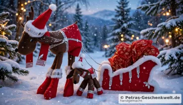 Großes Renntier mit kleinem Renntier und Schlitten