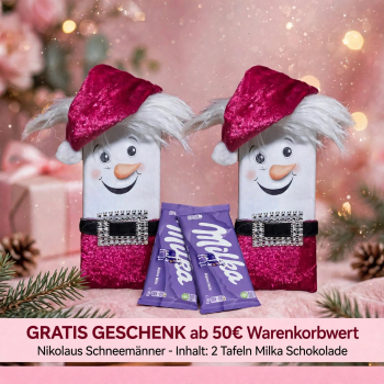 Weihnachtsgeschenk GRATIS ab 50 Euro - 2 Nikolaus Schneemänner mit Milka Schokolade von Petras Geschenkwelt