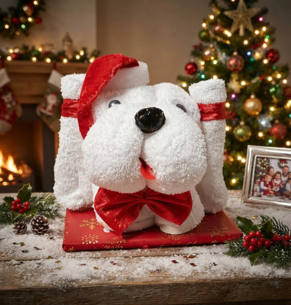 Handtuchfigur Hund als Nikolaus