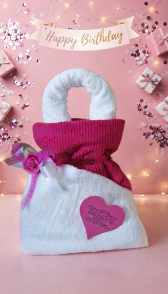 Handgemachte Handtuch-Handtasche in Pink-Weiß mit Spruch