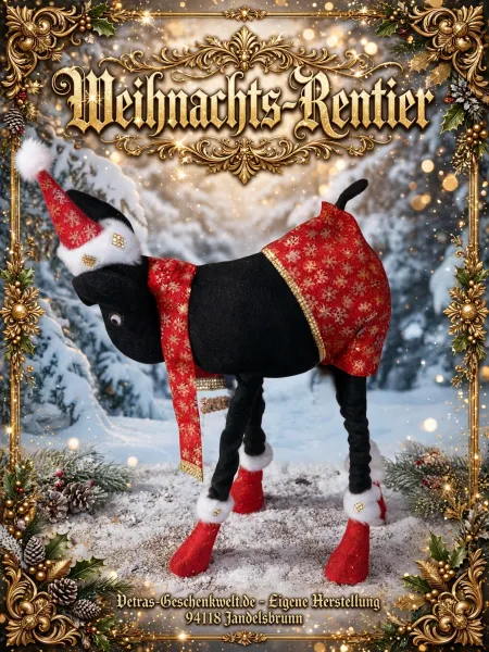 Weihnachts-Elch Schwarze Edition 44x60cm handgemacht - schwarzer Elch mit roter Mütze und Mantel mit goldenen Schneeflocken - Eigene Herstellung Jandelsbrunn