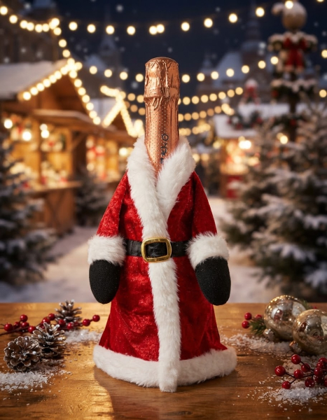 Flaschenhülle Weihnachtsmann rot mit großer Sektflasche 0,75l – Nikolaus Flaschendeko Weihnachten mit Gürtel