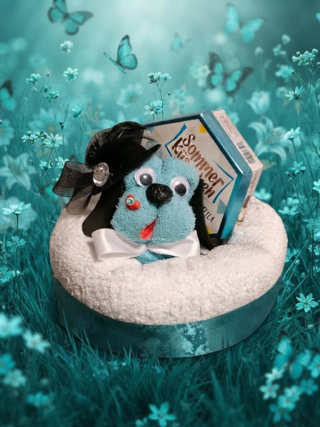 Handtuchfigur Hund mit Körbchen