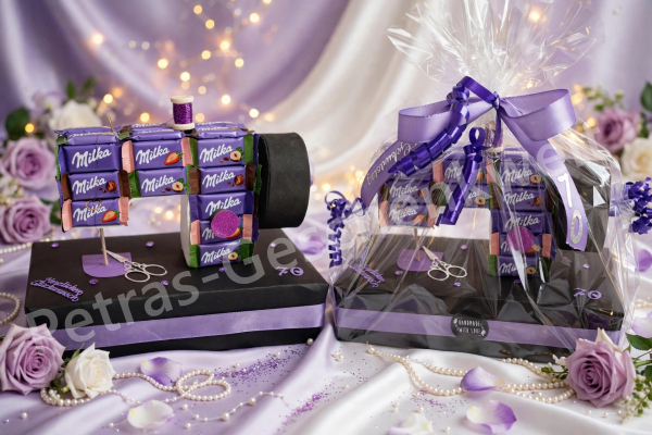 Milka Schokoladen-Nähmaschine Geschenk für Schneiderin zum 70 Geburtstag aus 35 Milka Tafeln Handarbeit Petras Geschenkwelt